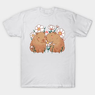 Capybaras in love with flowers T-Shirt